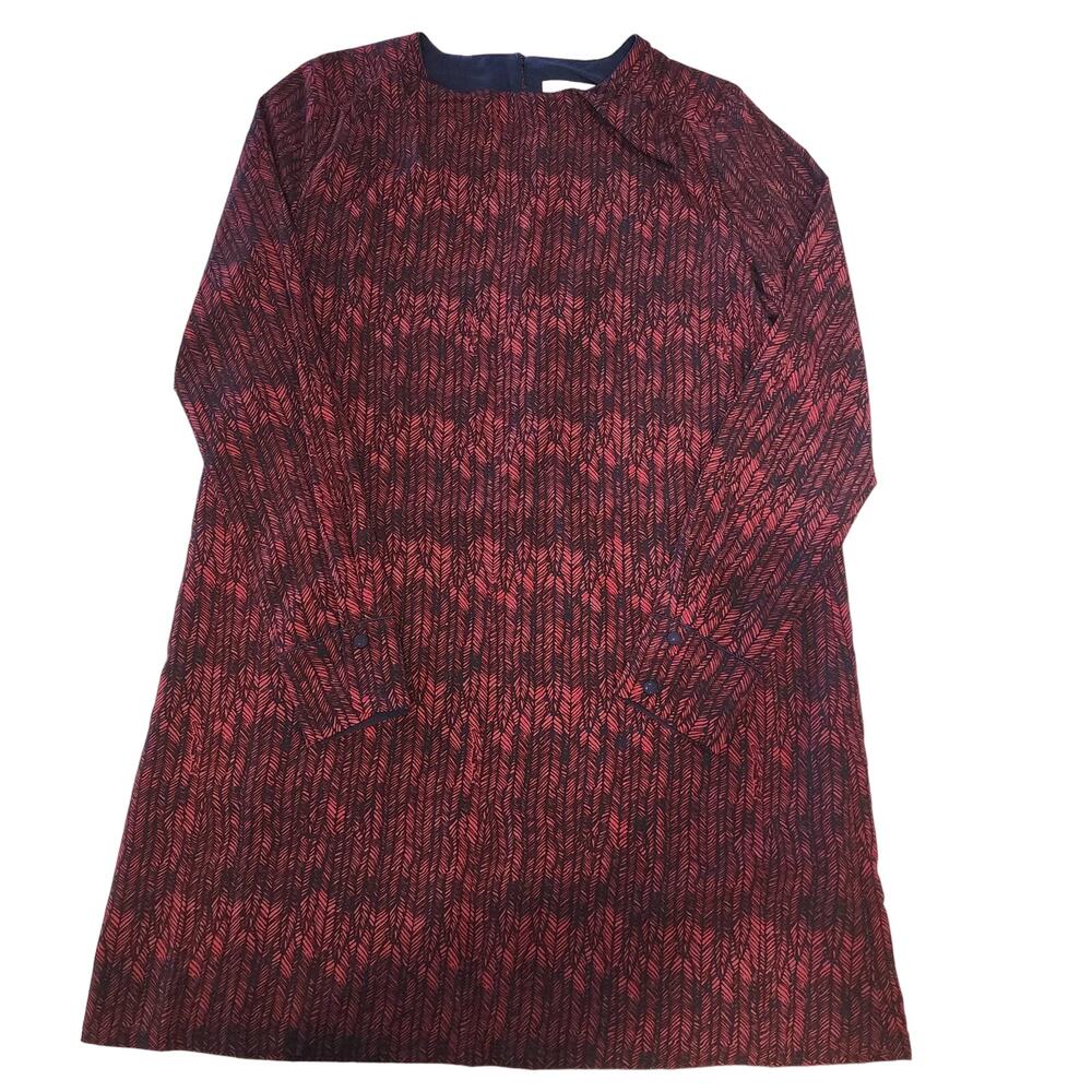 FRNCH Ladies Red + Black Long Sleeve Herringbone Print Shift Dress Size M